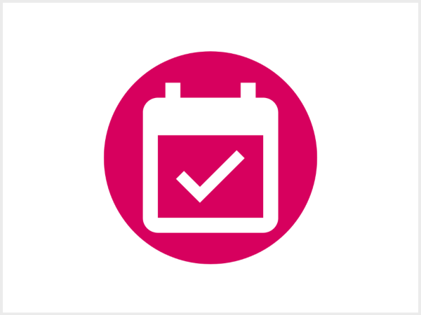 Icon weißes Kalenderblatt auf pinkfarbenem Rund