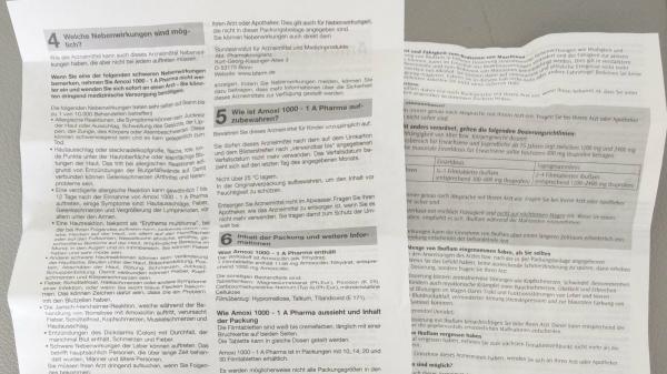 Beipackzettel als Beispiel für sehr klein gedruckte Schrift